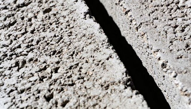 Sunlit porous concrete blocks with deep seam and shadowed gap showing aggregate texture