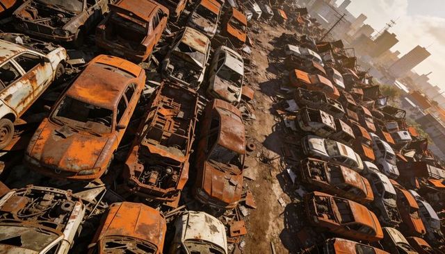 Aerial scrapyard revealing rusted passenger cars in dense urban salvage rows, city skyline