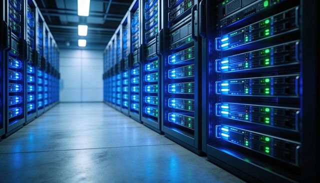 High-density data center server rack corridor with blue and green led illumination