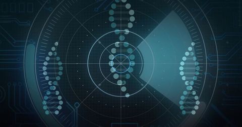 Futuristic Radar HUD Displaying Vertical DNA Helix Nodes, Circuit Grid and Data Sweep