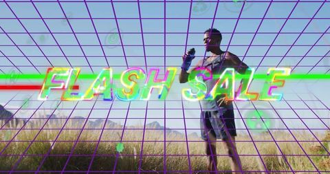 Runner holding water bottle posing in grassland with neon retro FLASH SALE overlay
