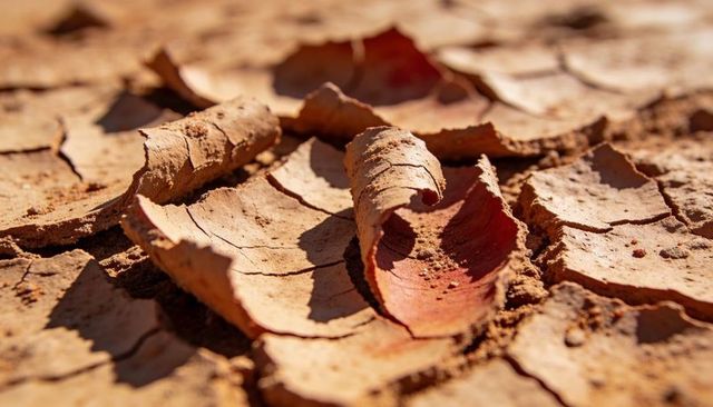 Sunlit curled clay flakes revealing cracked parched lake bed with textured desert detail