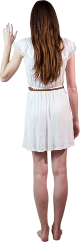 Transparent back view of woman waving hello in casual dress