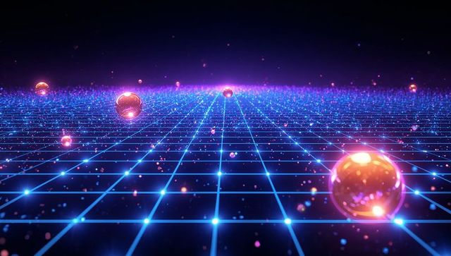 Futuristic neon grid with floating spheres, sci-fi style