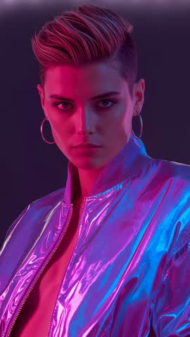 Vertical neon fashion video with model holding gaze and blinking in futuristic metallic bomber
