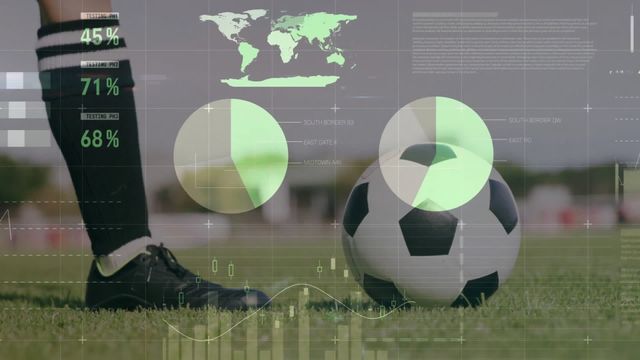 This image showcases a blend of soccer and high-tech data analytics, depicting intricate data overlays while a player prepares to kick the ball on a field. Useful for illustrating the integration of technology in sports, discussing the future of athletic analytics, or promoting digital solutions in sports management.