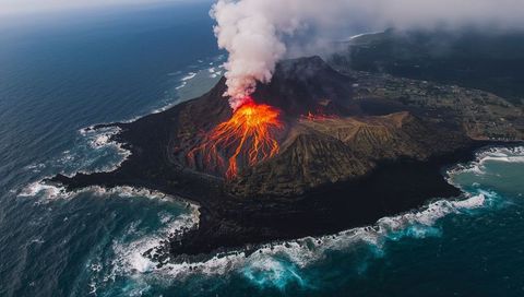 Erupting Volcano with Molten Lava Flow and Dense Plume