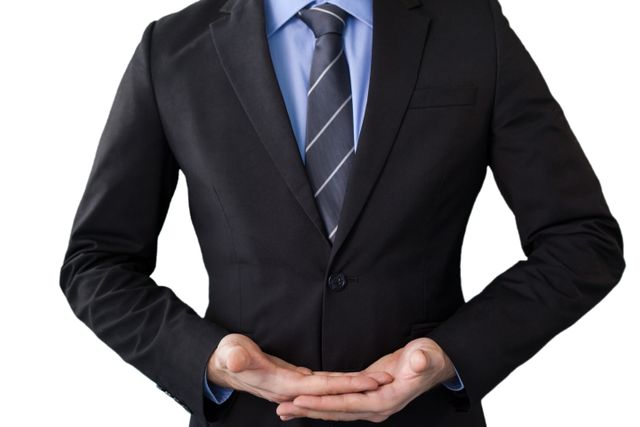 Businessman in formal suit standing with cupped hands against white background. Ideal for use in corporate presentations, business websites, professional services marketing, and leadership training materials.