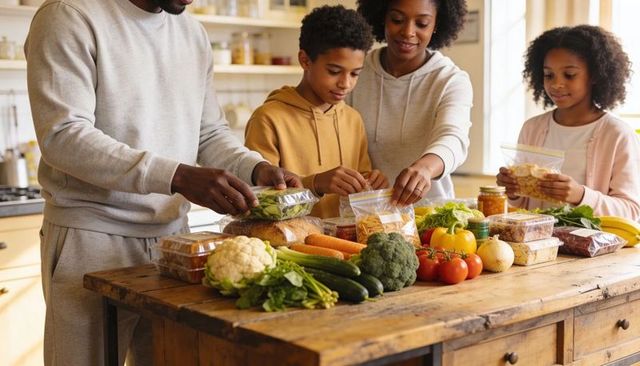 Family packing fresh produce for weekly meal prep at sunlit kitchen island