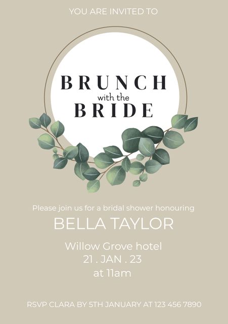 Elegant bridal shower invitation featuring 'Brunch with the Bride' text in white circle surrounded by classic green foliage on grey background. This invitation is perfect for sending out to family and friends to celebrate an upcoming wedding. Ideal for bridal showers, engagement parties, or pre-wedding brunch events.