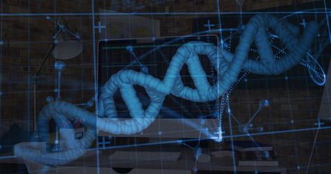 Holographic dna double helix projecting over desk with blue ar grid and scientific monitor