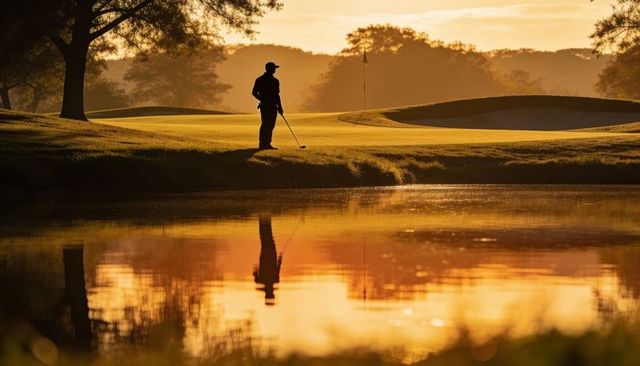 Silhouetted golfer standing at lakeside green during golden hour sunrise with reflection