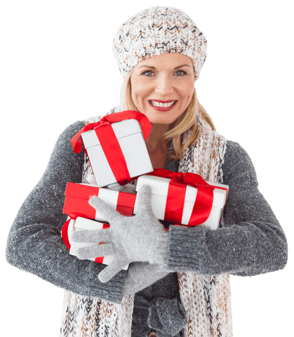 Smiling woman holding christmas gifts transparent background