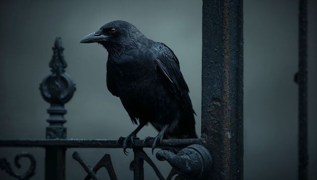 Moody Black Crow Perching on Rustic Iron Gate