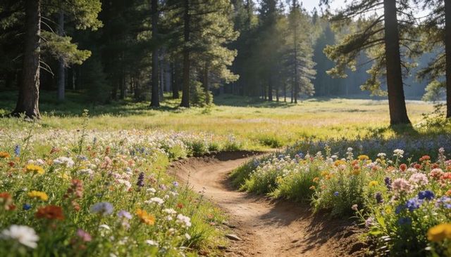 Winding wildflower trail curving through sunlit meadow at pine forest edge in golden hour