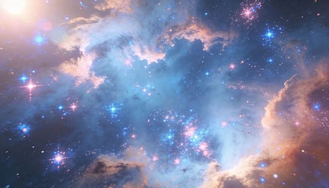 Glowing Blue-Pink Nebula Pulsing with Starlight and Orange Dust for Cosmic Backgrounds