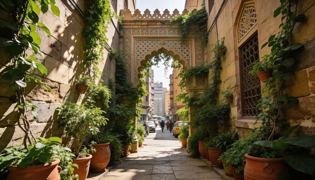Framing ornate moorish archway with sunlit courtyard, terracotta pots and climbing vines
