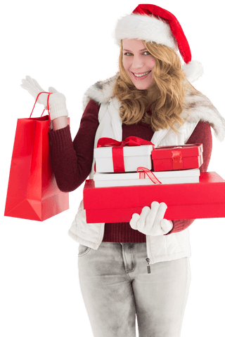 Festive Blonde Holding Christmas Gifts and Shopping Bag Transparent Image