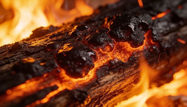 Smoldering charred log glowing with molten embers and flying sparks macro bonfire texture
