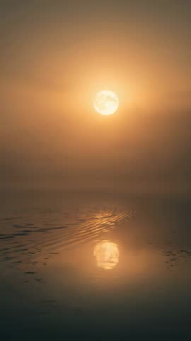 Full Moon Reflecting and Rippling on Foggy Lake Surface — Vertical Cinematic Loop