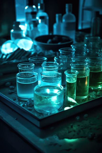 Dark laboratory room with beakers with colourful fluids, created using generative ai technology. Science and lab, digitally generated image.