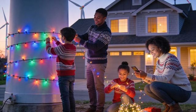 African american family decorating colorful holiday lights on front lawn at dusk