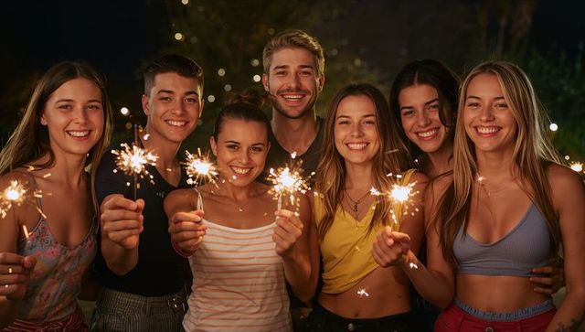 Smiling friends celebrating with sparklers at backyard summer night party under string lights