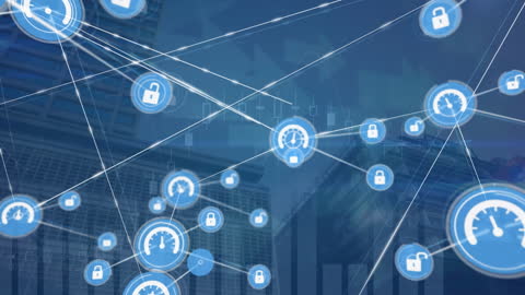 Data Network Technology Overlay with Cityscape Background