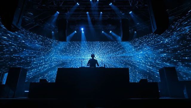 Silhouetted DJ Performing with Futuristic Blue LED Tunnel Backdrop on Club Stage