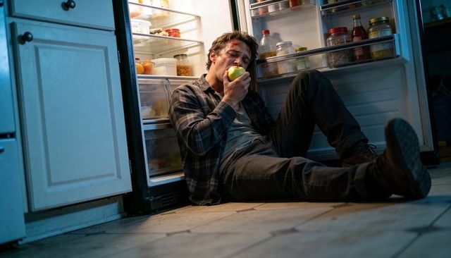 Bruised man sitting beside open fridge biting green apple late night solitary moment