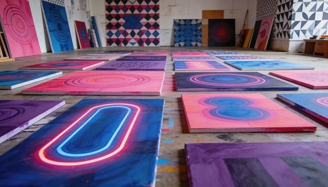Neon geometric canvases lining studio floor showing vibrant abstract panels and murals