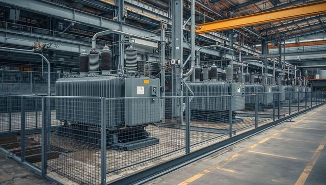 High-voltage transformer row in industrial plant with safety fence and overhead crane