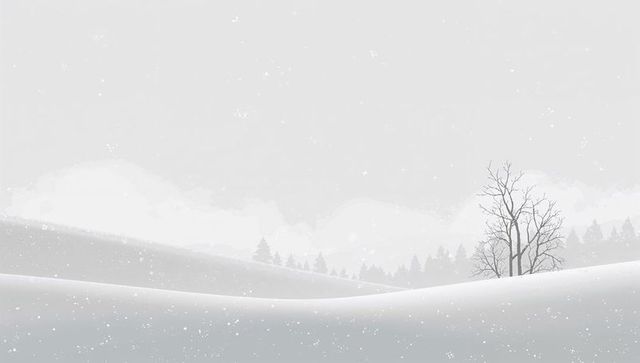 Minimal winter landscape featuring bare trees on snowy hillside, drifting snow and mist