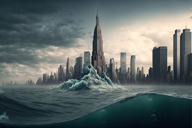 City skyline submerged in water, illustrating impact of rising sea levels and climate disasters. Waves crashing against skyscrapers, stormy sky in background. Ideal for illustrating climate change articles, environmental awareness campaigns, science fiction storytelling, and educational materials on natural disasters.