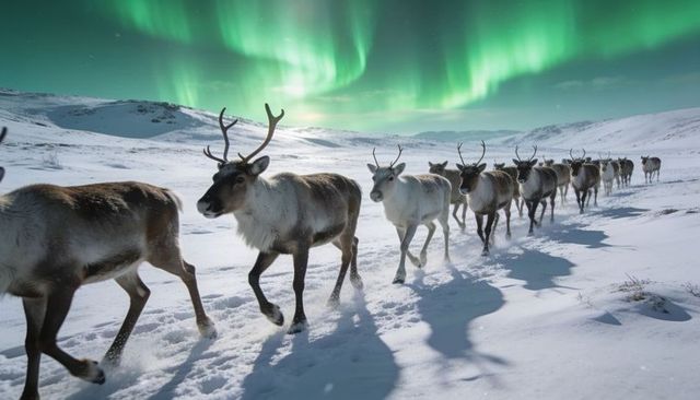 Reindeer herd traversing snowy arctic tundra under vibrant northern lights