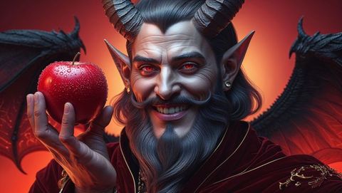 Mystical satan holding dewy red apple in luxurious velvet robe