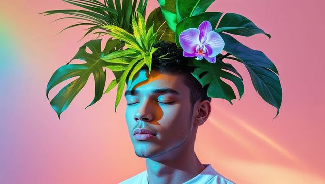 Surreal Headdress Tropical Serenity Portrait with Botanical Elements