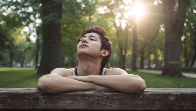 Young asian man resting on worn park bench enjoying golden hour sunlight and solitude
