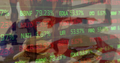 Digital Stock Market Overlay on American Burgers and Flags