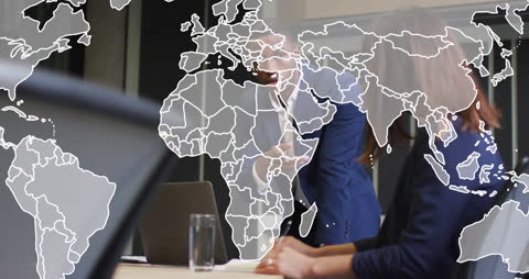 Diverse Business Team Collaborating with Global Map Overlay