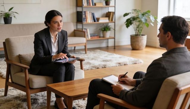 Female counselor consulting male client in cozy modern office during therapy session