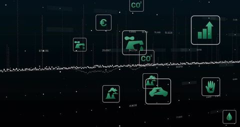 Neon analytics dashboard showing time series waveform with green emissions & finance icons