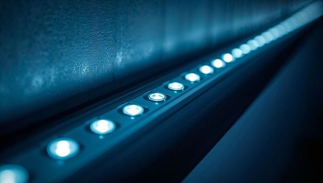 Blue minimal led linear lighting running along textured wall for architectural corridor