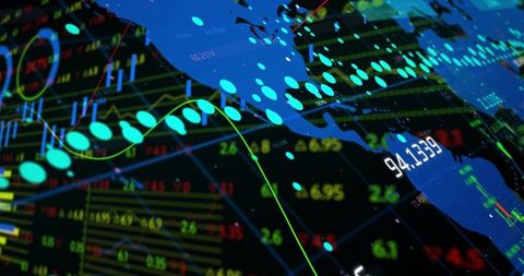 Futuristic Financial Dashboard Showing Global Market Data and Interactive Map Overlay