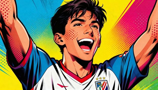Cheering soccer athlete raising arms in comic-style victory with bold halftone colors