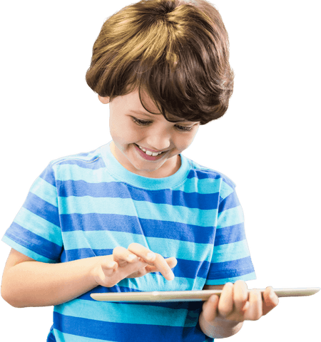 Smiling child engaging with transparent digital tablet screen