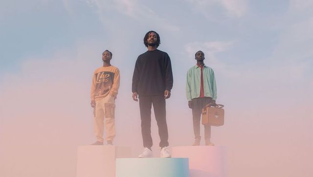Elegant Trio Standing on Pastel Podiums in Soft Lighting