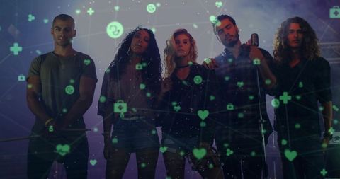 Five-piece indie band standing on stage holding vintage mic tambourine drumsticks green icon overlay