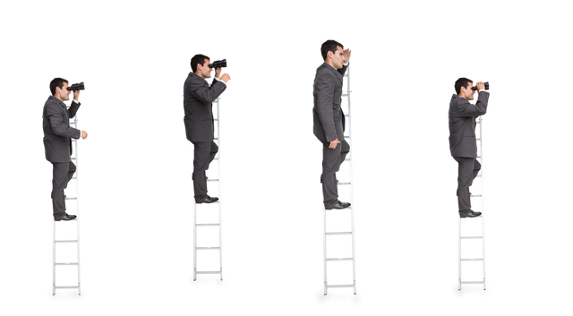 Transparent Businessman on Ladder in Different Poses with Binoculars and Telescope - Download Free Stock Videos Pikwizard.com