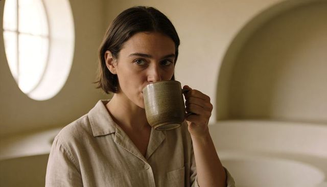Sipping morning coffee holding green ceramic mug in minimalist beige interior